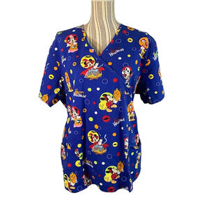 Disney Women’s Blue Mickey Mouse Halloween Wrap Tie Back Medical Scrub Top Sz XL